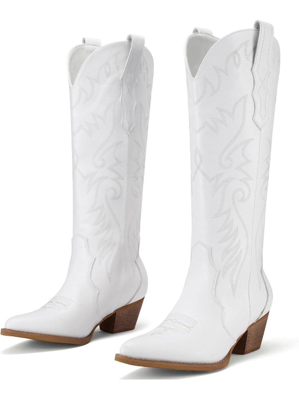Women White Cowgirl Embroidered Knee-High Western Pointy Toe Chunky Heel Boot